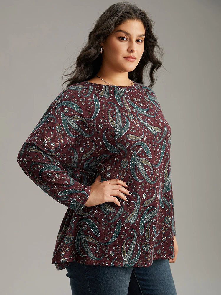 Paisley Print Round Neck Slightly Stretchy T-shirt - Image 4