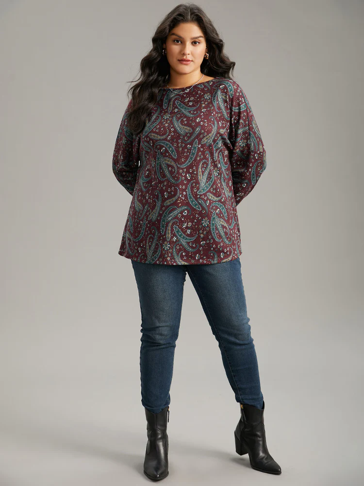 Paisley Print Round Neck Slightly Stretchy T-shirt - Image 5