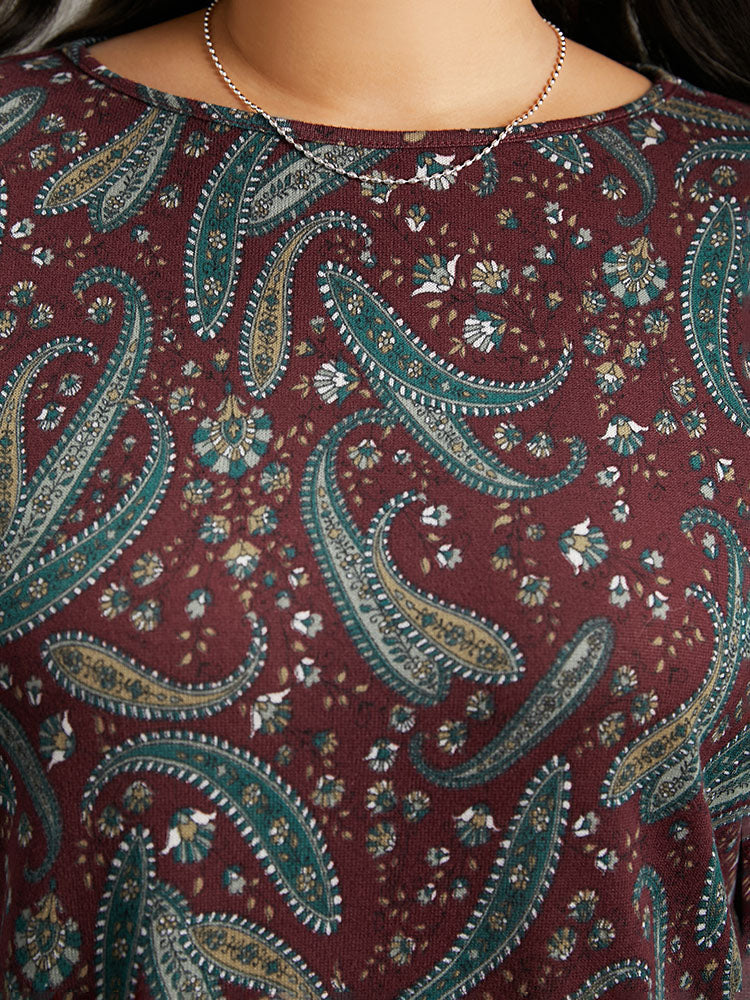 Paisley Print Round Neck Slightly Stretchy T-shirt - Image 6