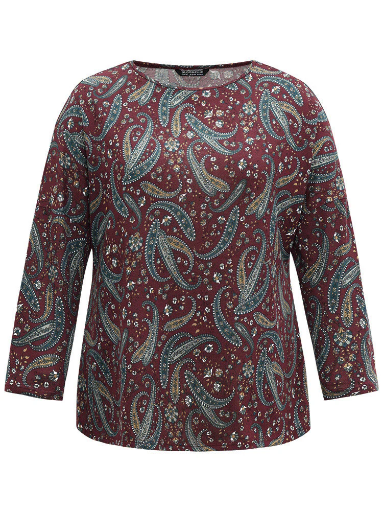 Paisley Print Round Neck Slightly Stretchy T-shirt - Image 7