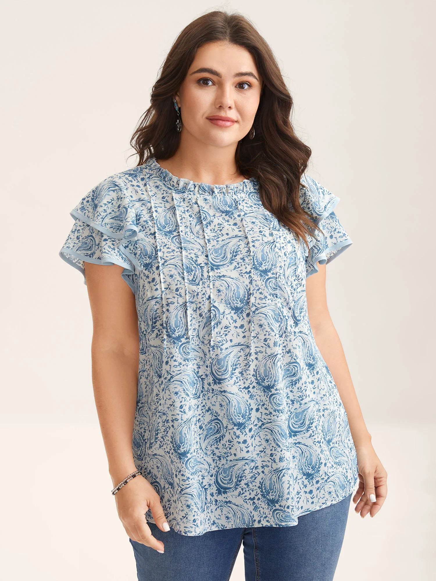 Paisley Print Ruffled Layered Sleeve Blouse - Image 2