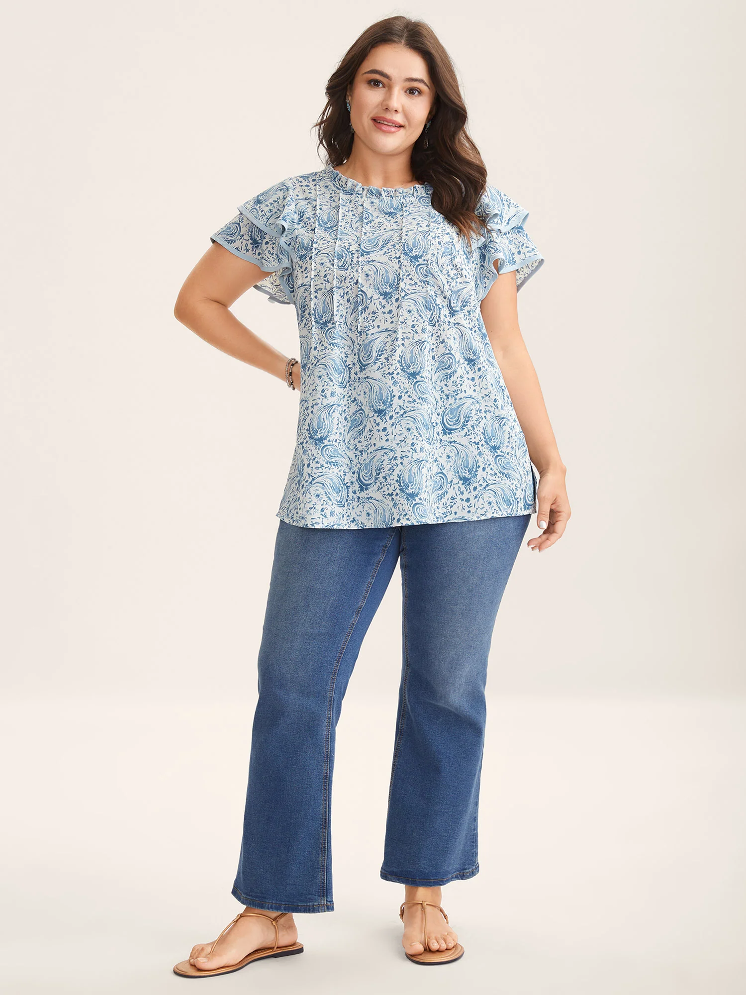 Paisley Print Ruffled Layered Sleeve Blouse - Image 3