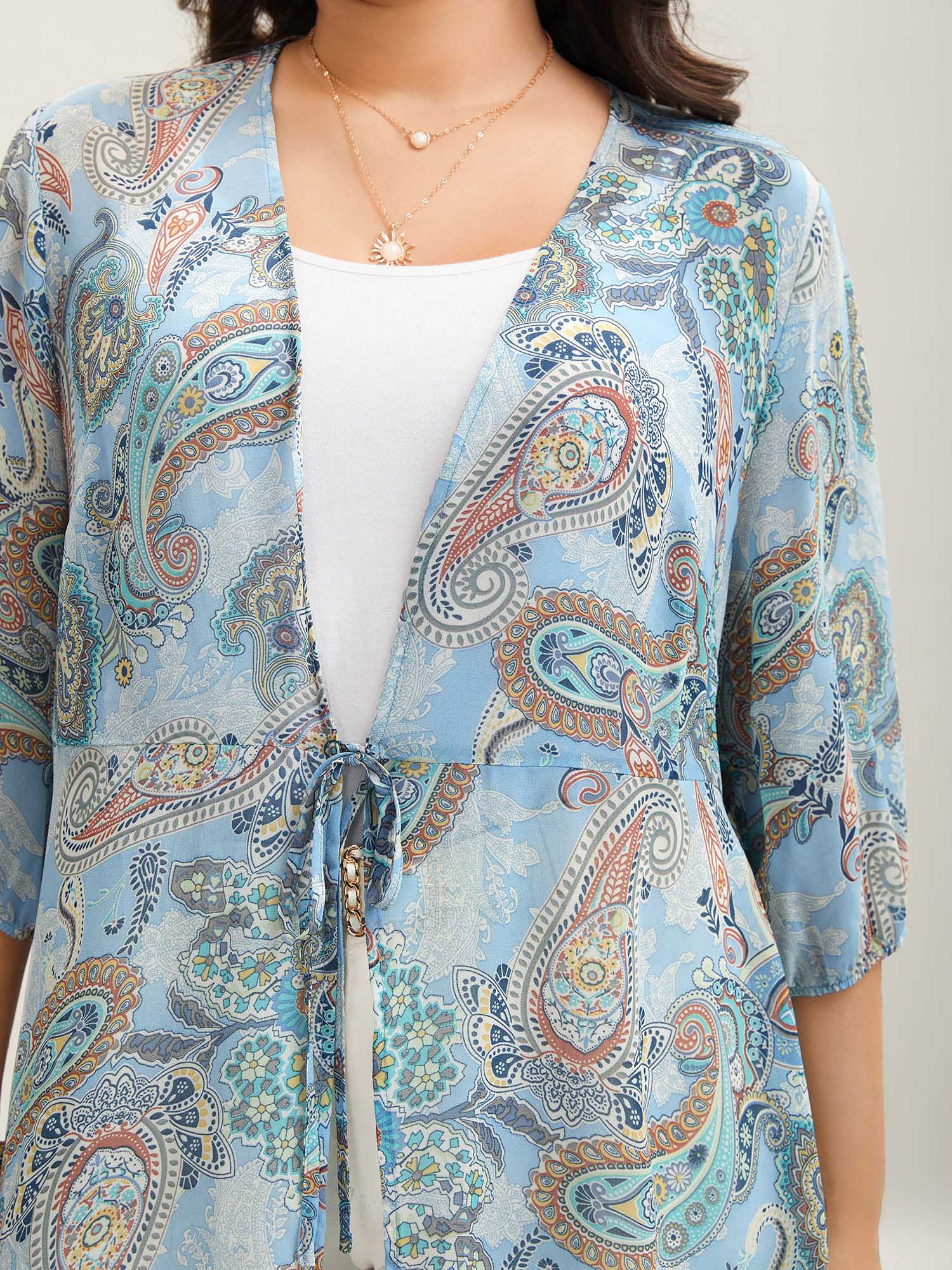 Paisley Print Sheer Tied Kimono Cardigan - Image 2