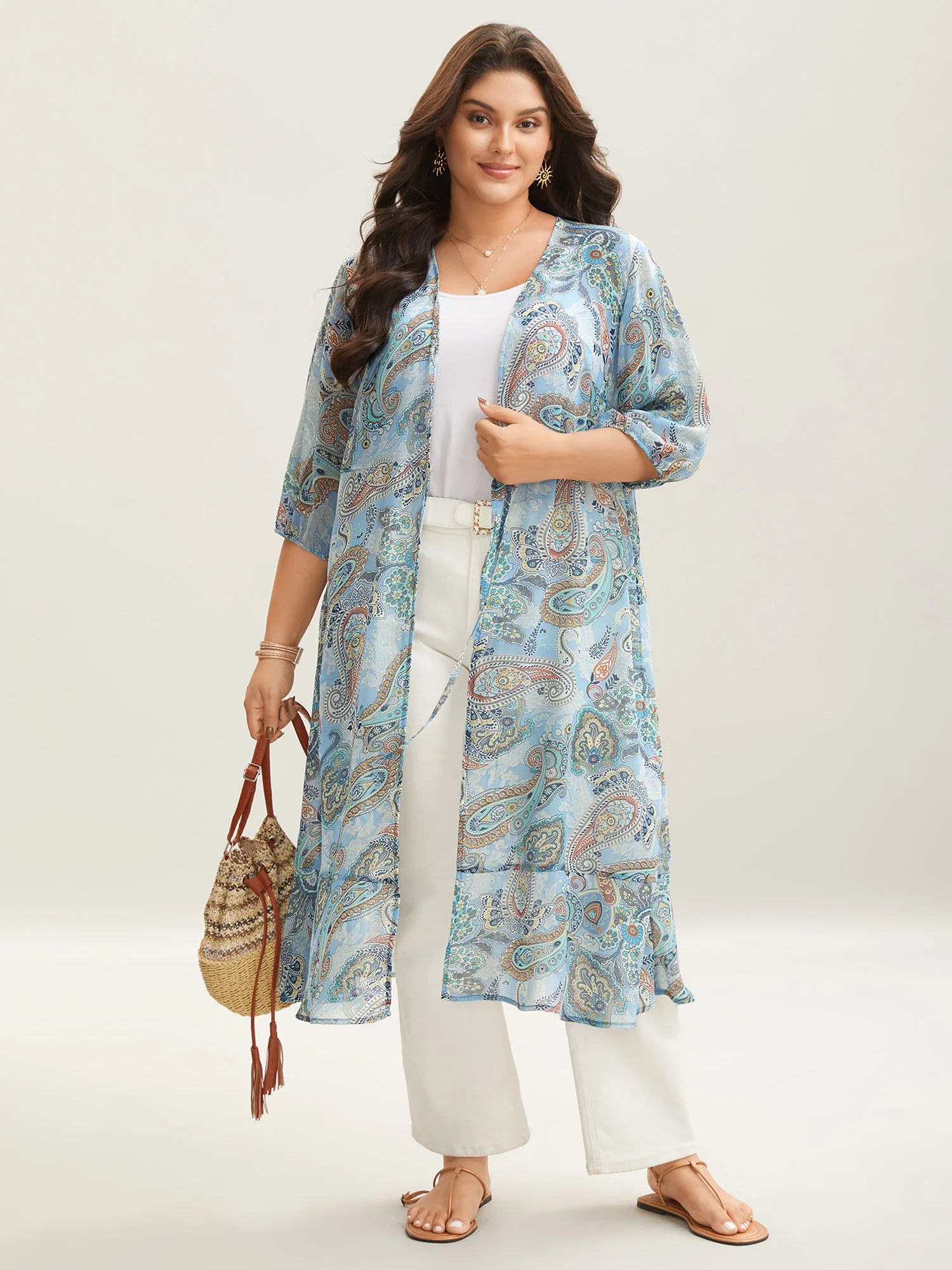 Paisley Print Sheer Tied Kimono Cardigan - Image 3