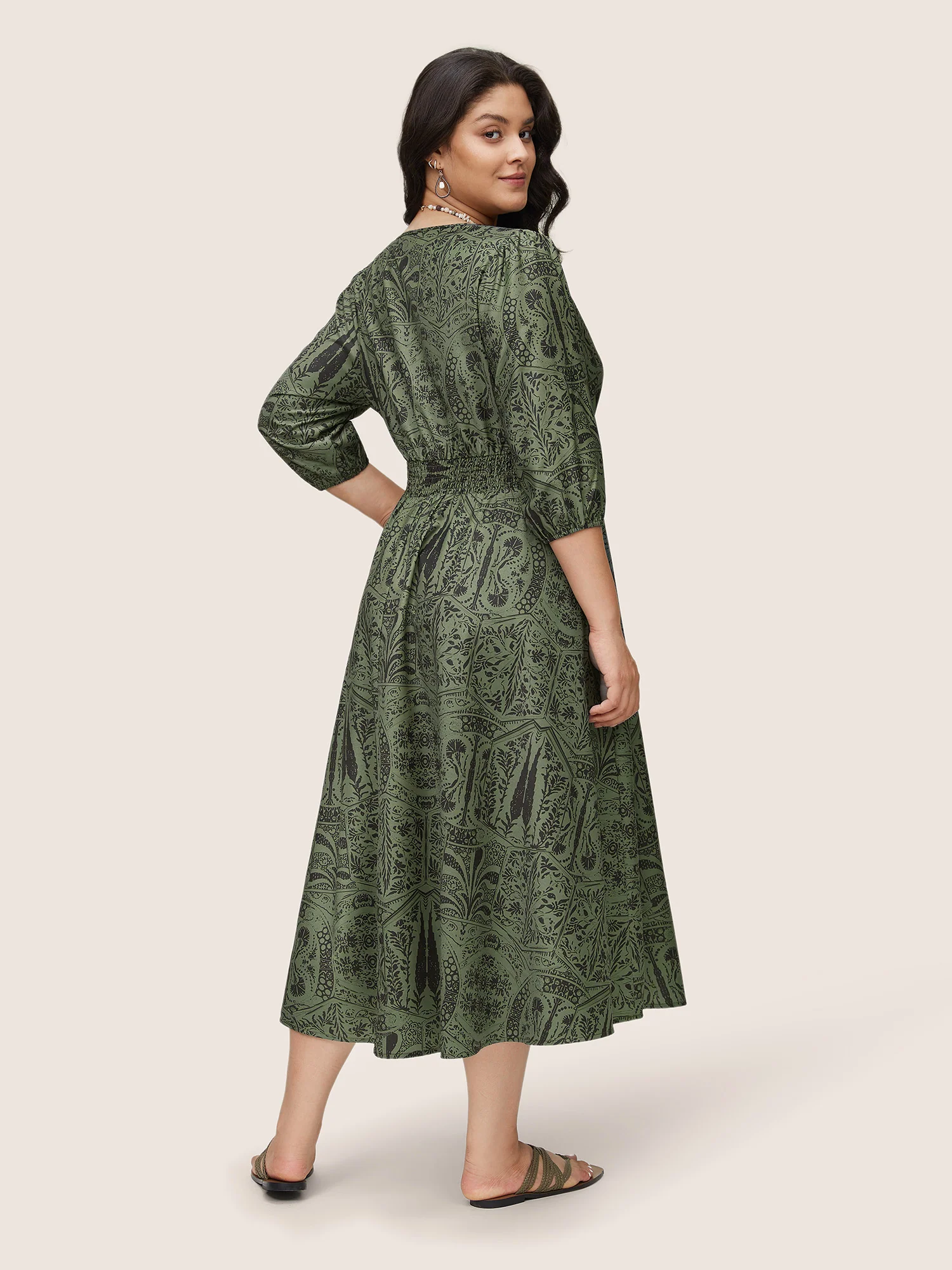 Paisley Print Shirred Lantern Sleeve Dress - Image 2