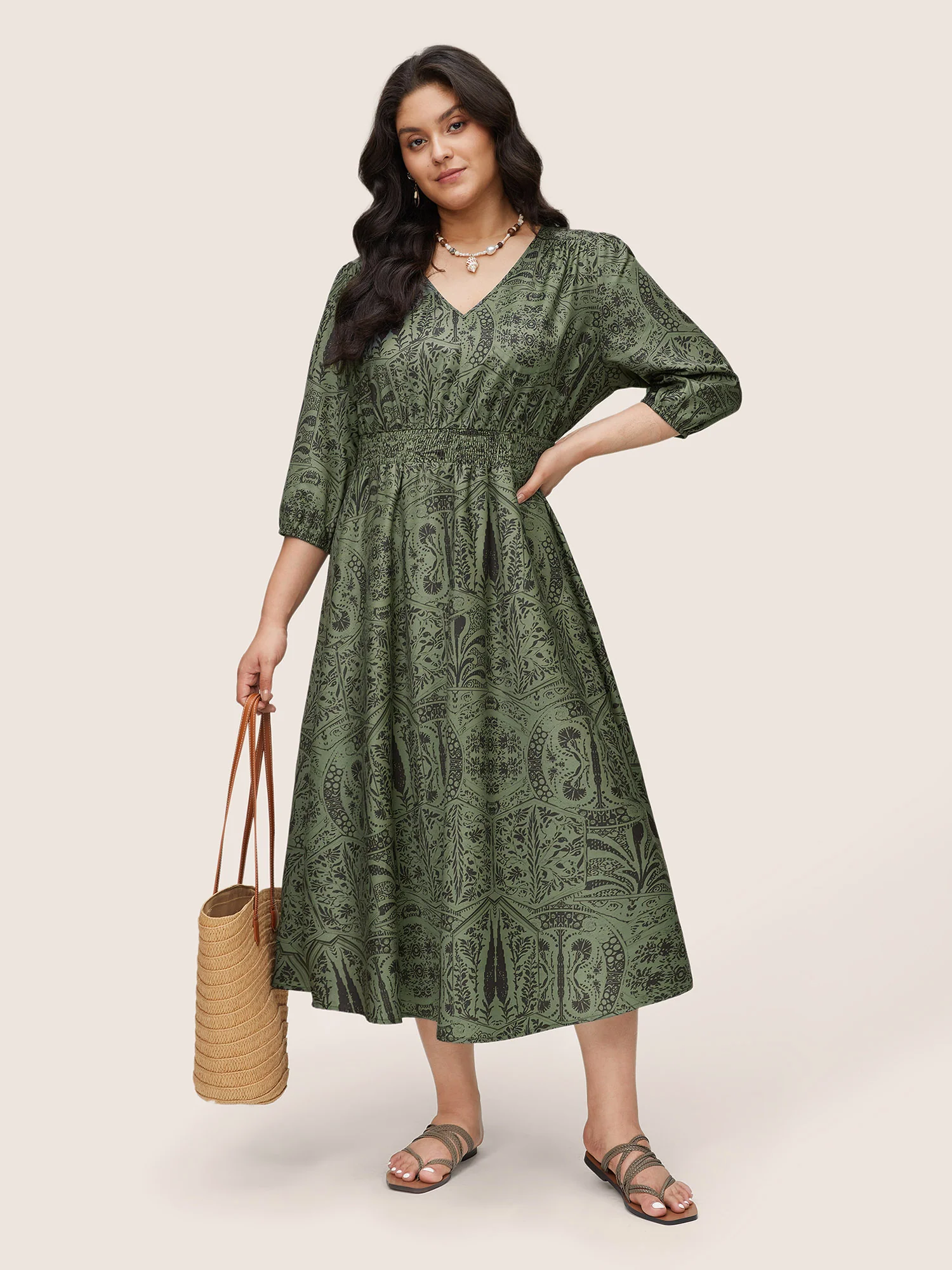 Paisley Print Shirred Lantern Sleeve Dress - Image 3