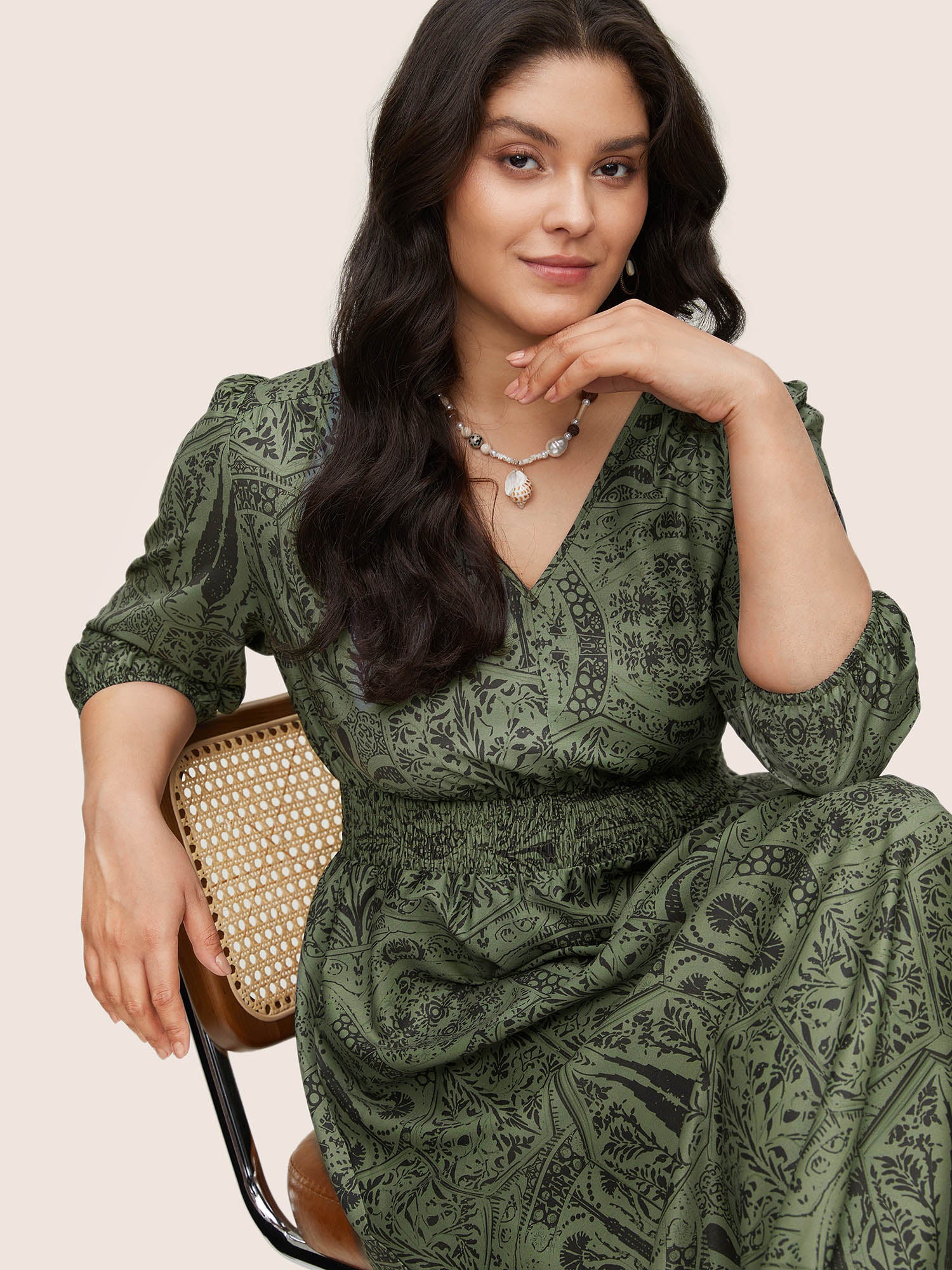 Paisley Print Shirred Lantern Sleeve Dress - Image 4