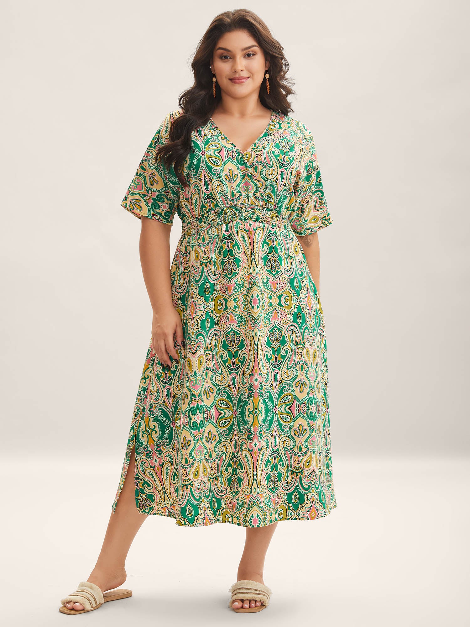 Paisley Print Shirred Pockets Midi Dress - Image 3
