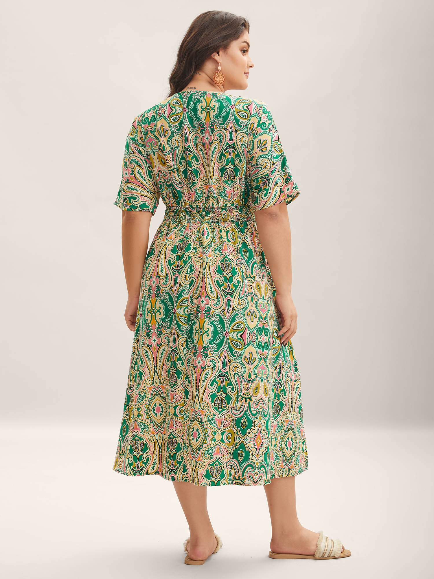 Paisley Print Shirred Pockets Midi Dress - Image 4