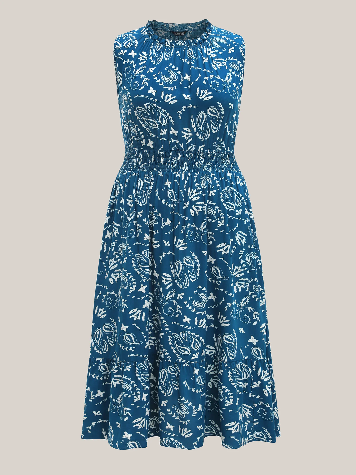Paisley Print Shirred Sleeveless Midi Dress - Image 5