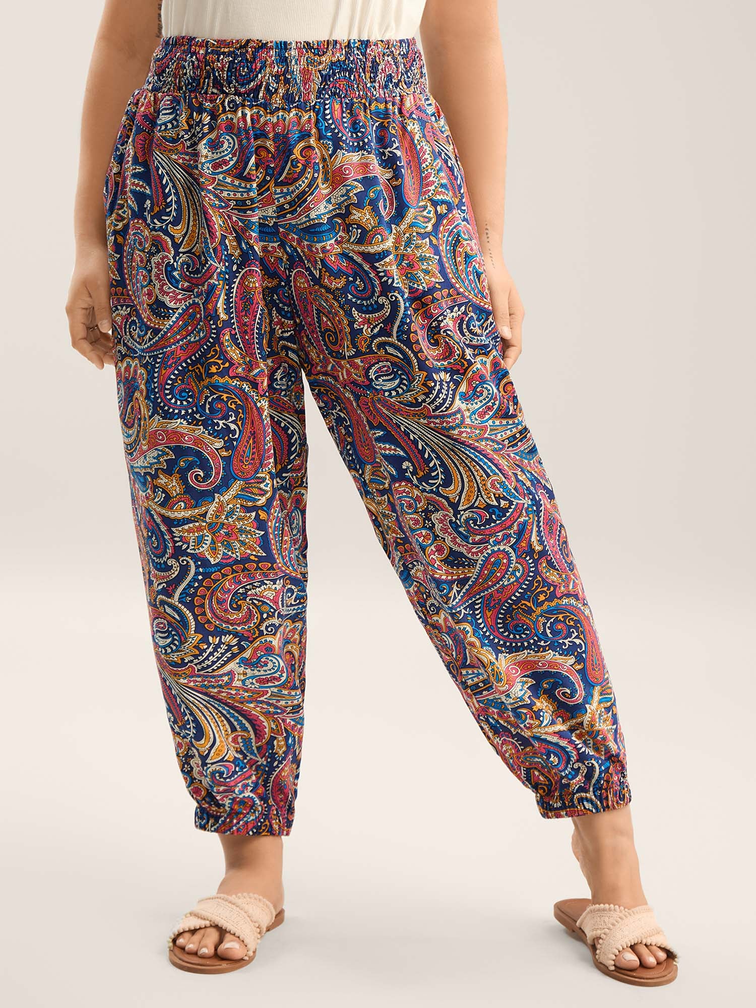 Paisley Print Shirred Waist Jogger Pants - Image 3