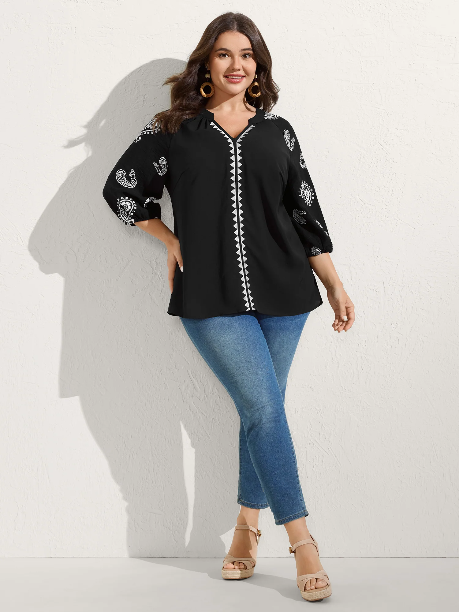 Paisley Embroidered Sleeve Spliced Blouse - Image 3