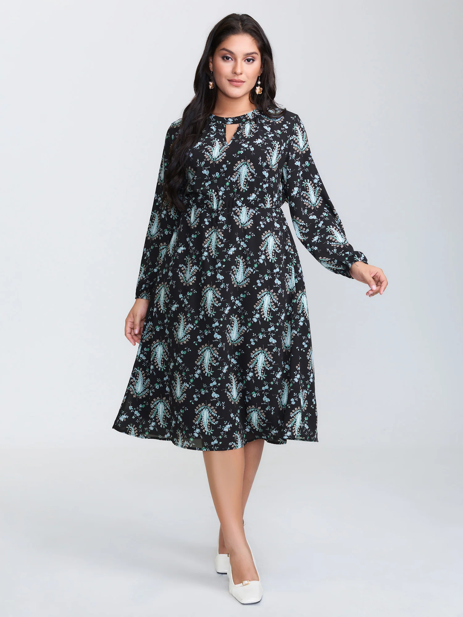 Paisley Print Stretchy Waist-Defining Midi Dress - Image 3