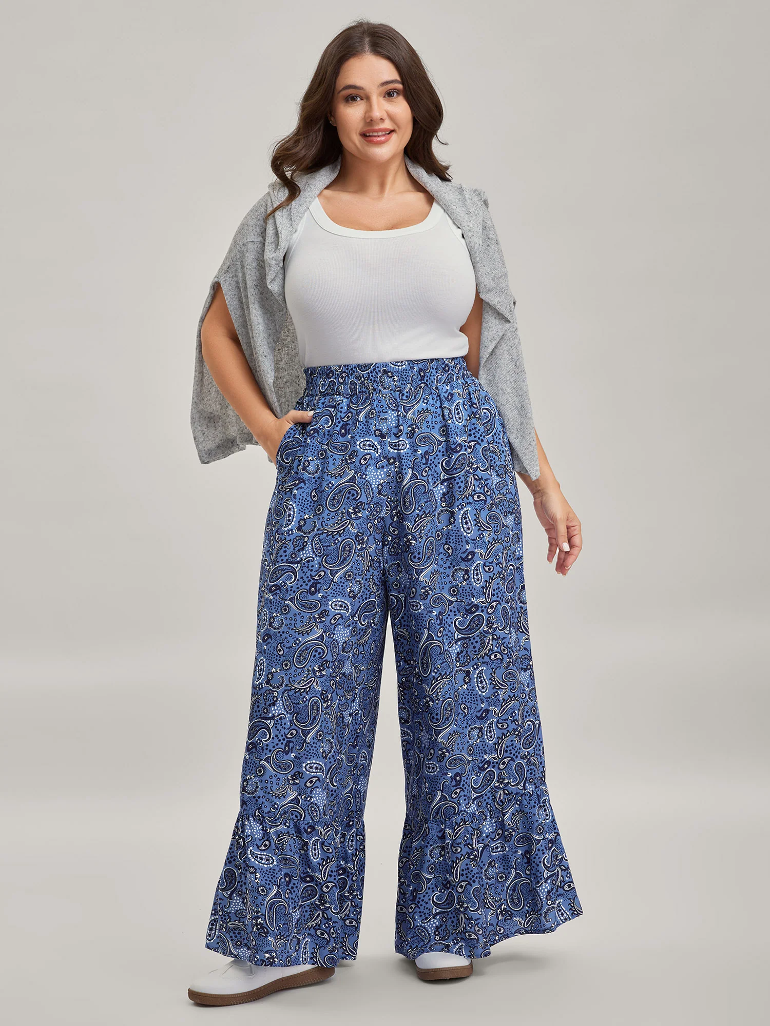 Paisley Print Tiered Hem Wide-Leg Pants - Image 2