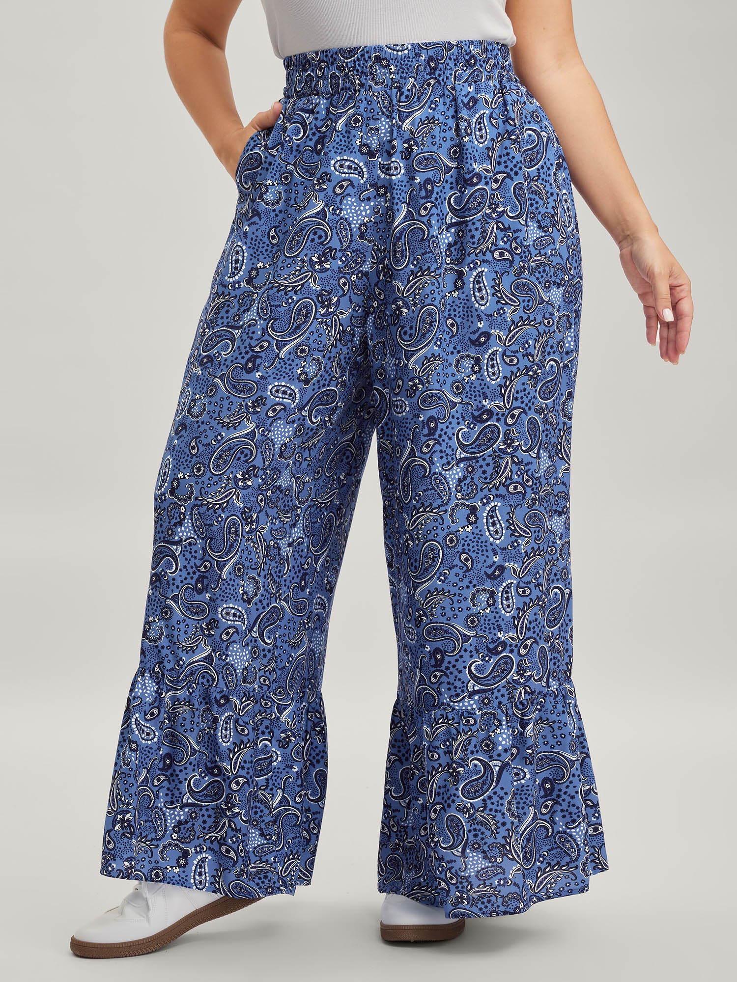 Paisley Print Tiered Hem Wide-Leg Pants - Image 4
