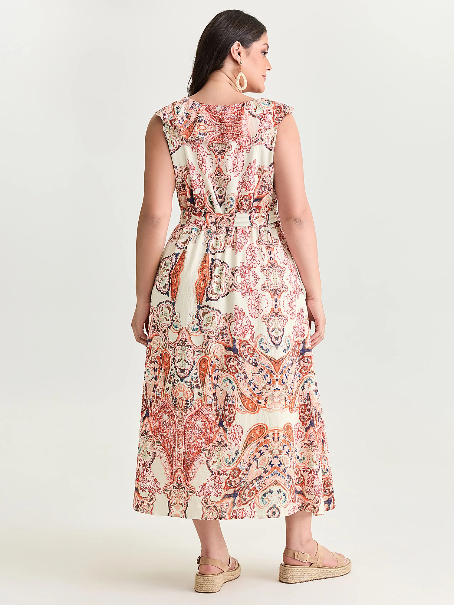 Paisley Print Waist-Tie Flowy Midi Dress - Image 3