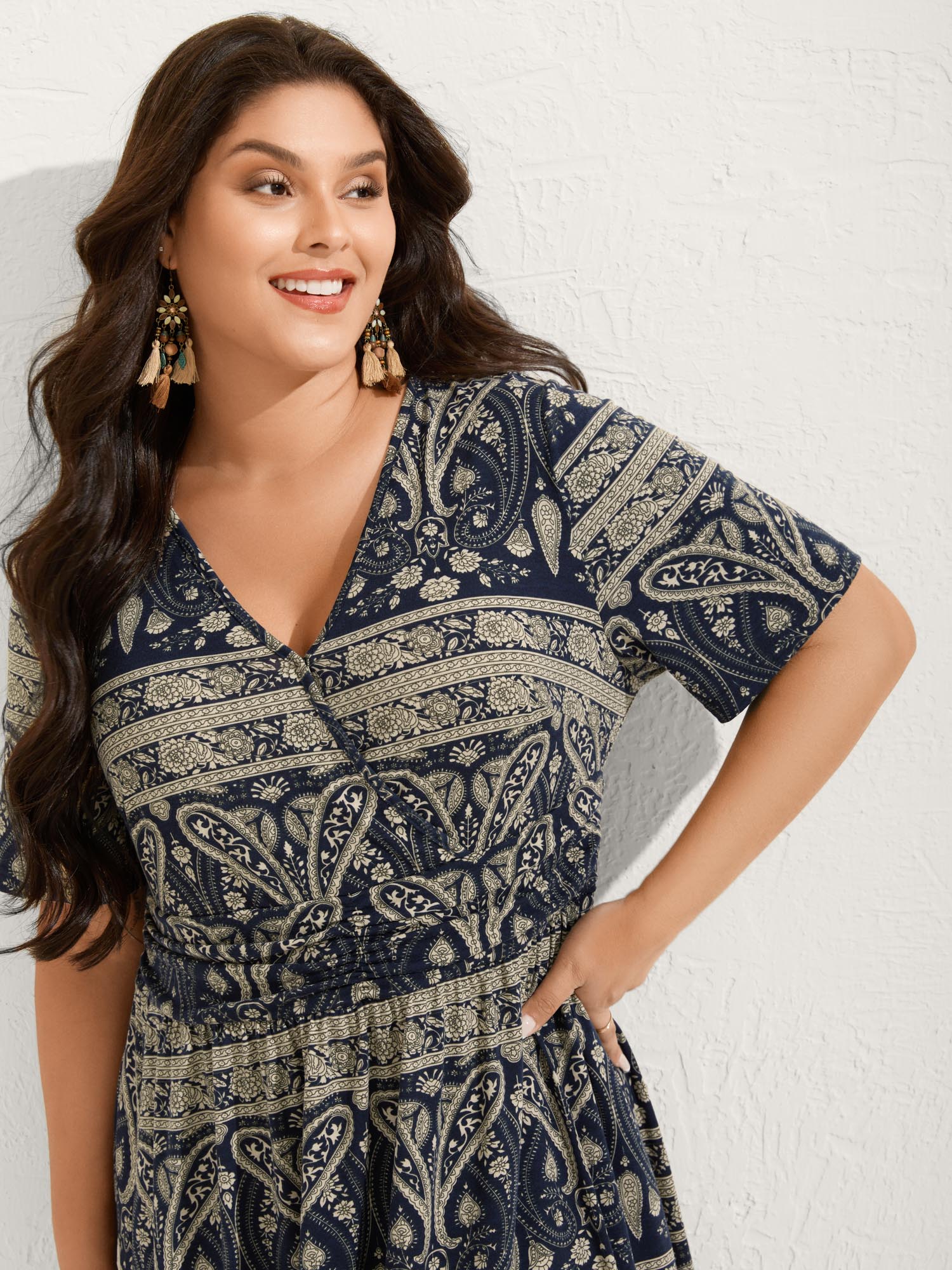 Paisley Stripe Print Pleated Waist Midi Dress - Image 2