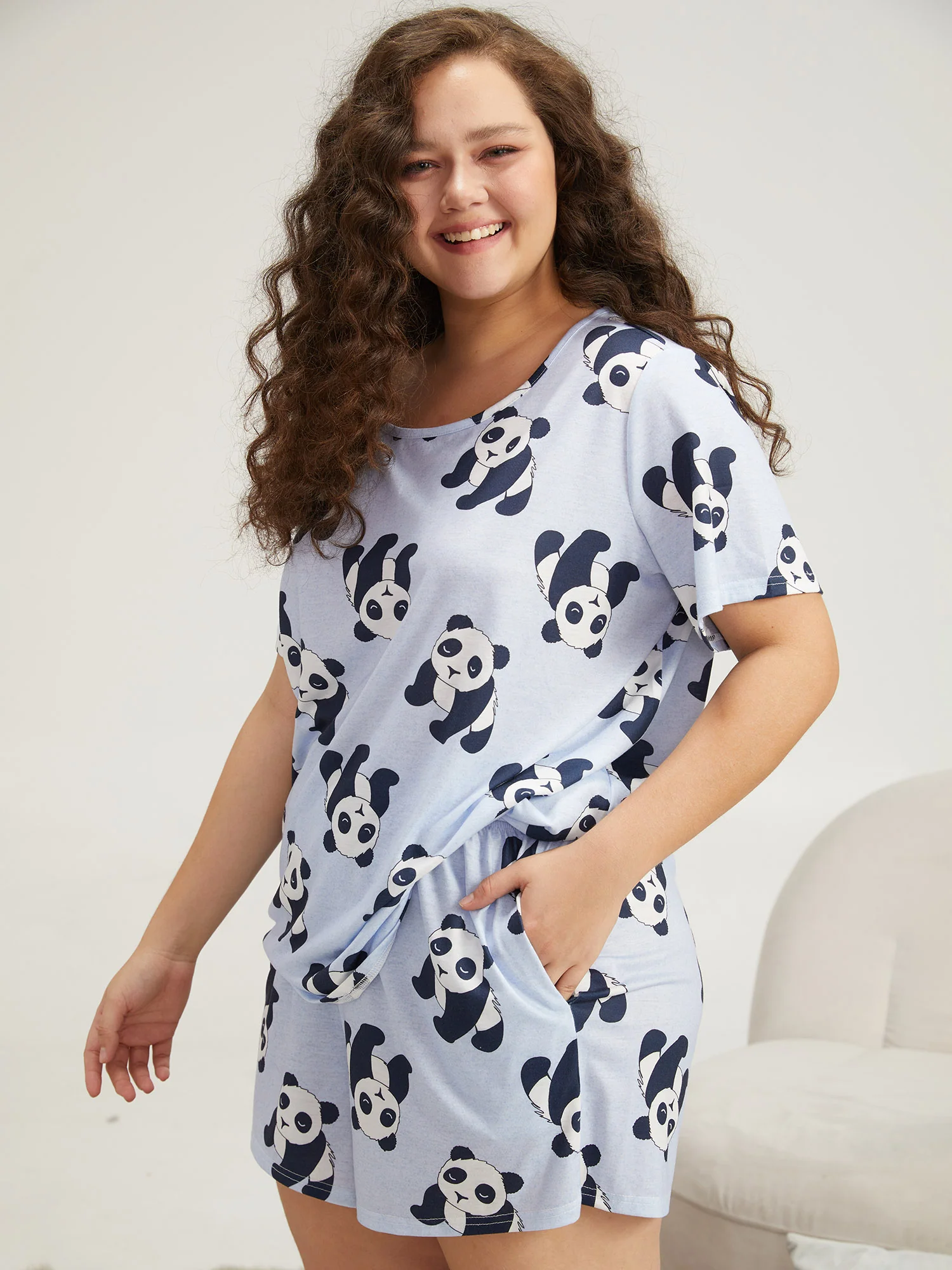 Cute Panda Print Round Neck Pajama Top - Image 3