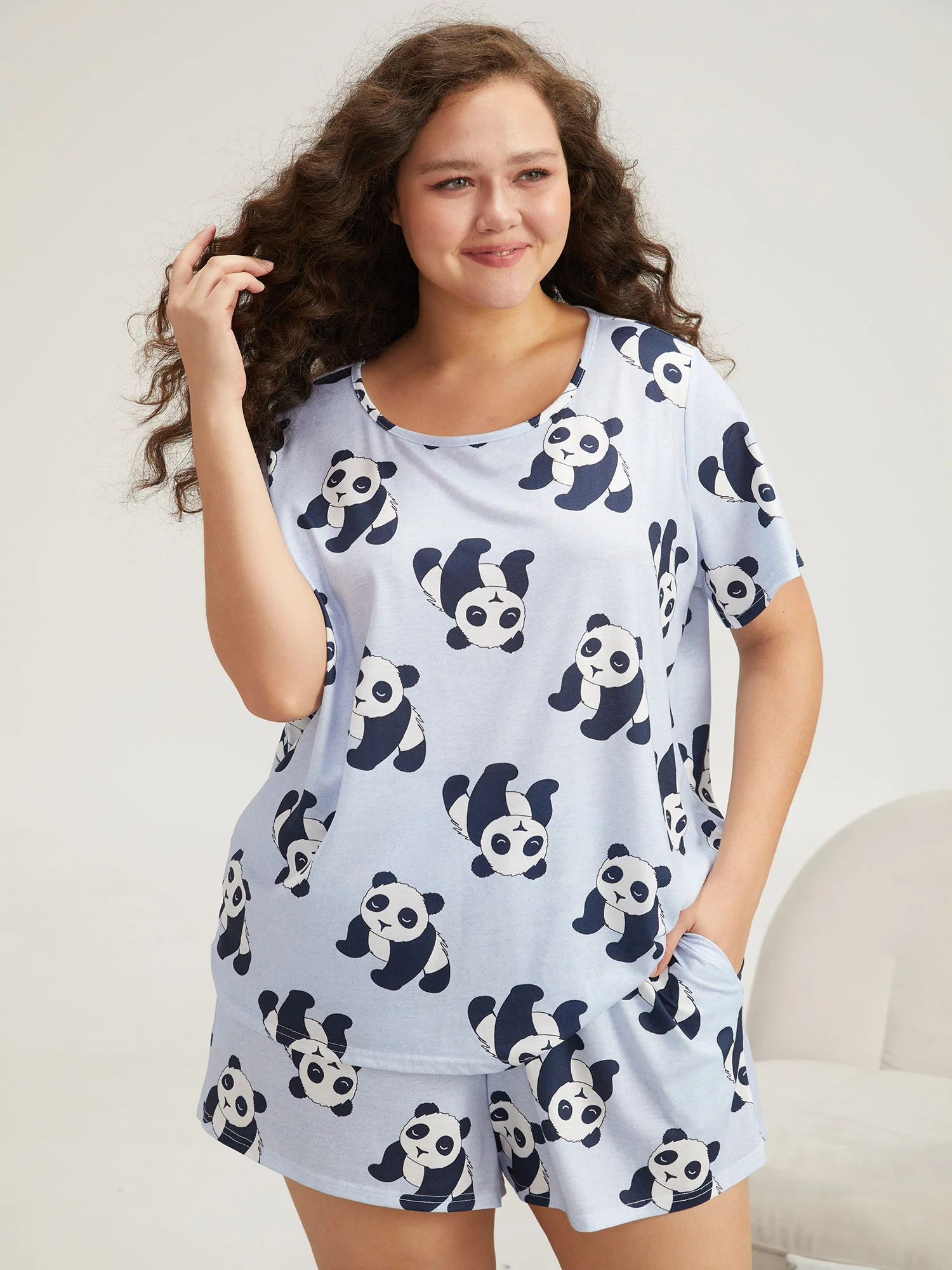 Cute Panda Print Round Neck Pajama Top - Image 4