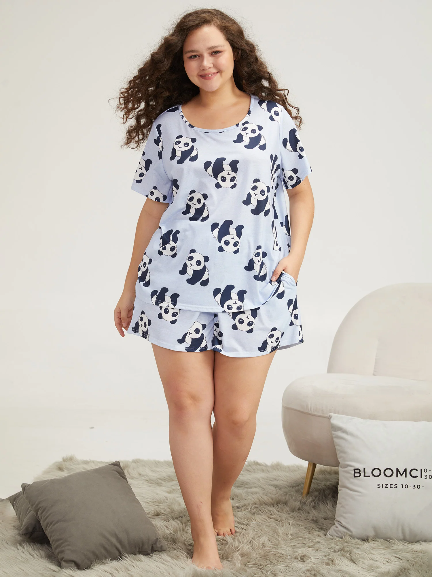 Cute Panda Print Round Neck Pajama Top - Image 5
