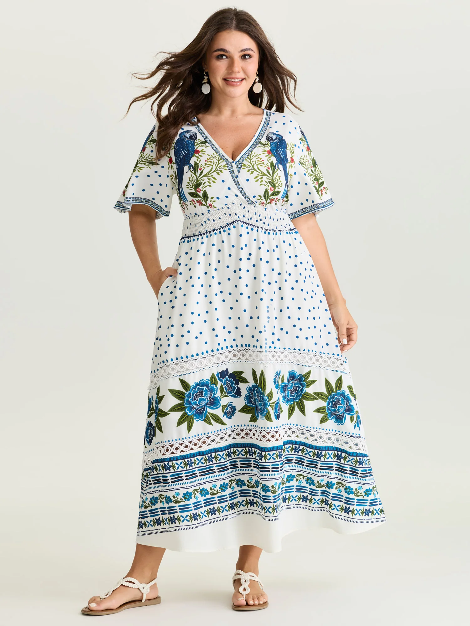 Parrot Print Lace Trim Surplice Neckline Maxi Dress - Image 3