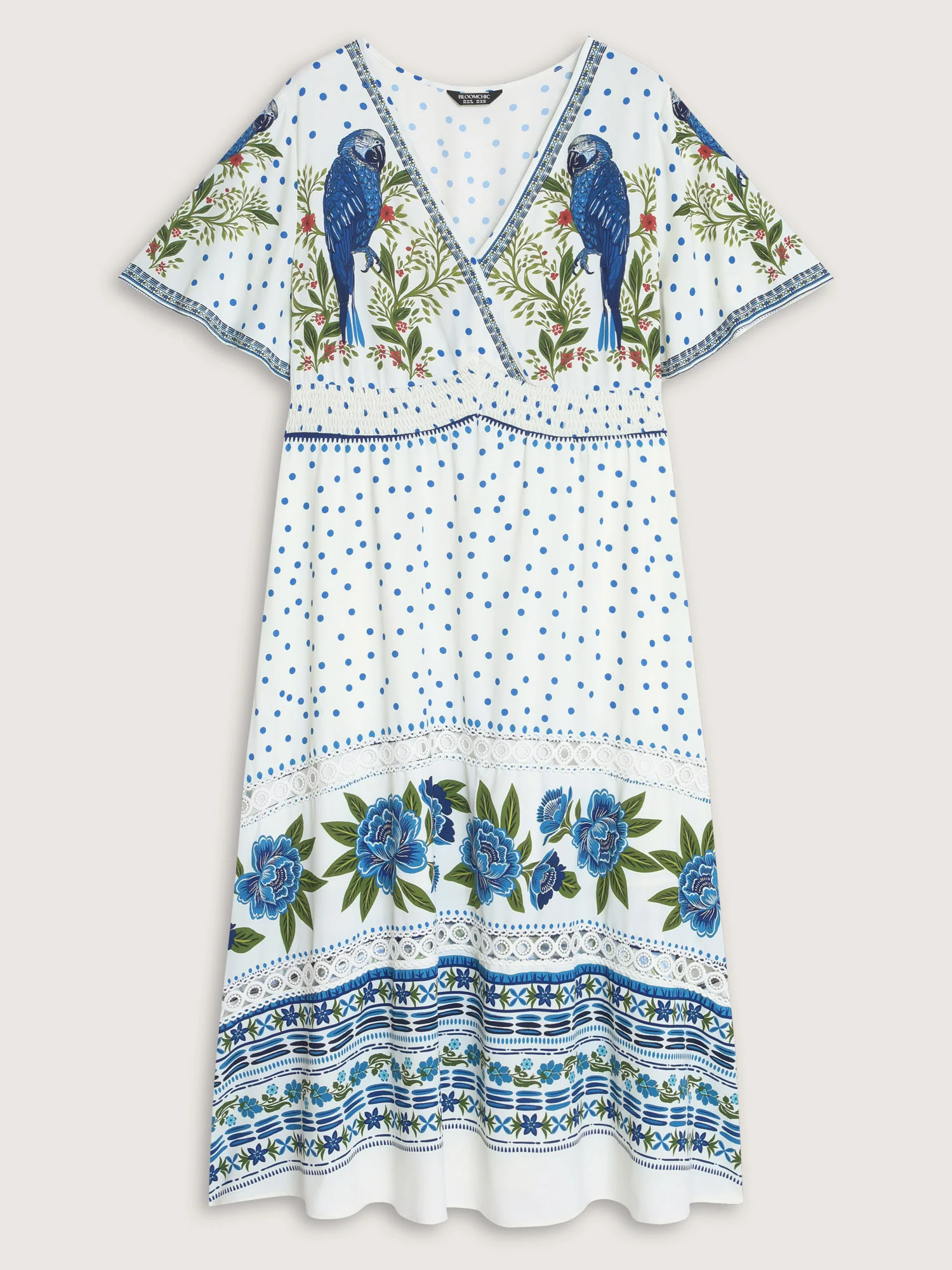 Parrot Print Lace Trim Surplice Neckline Maxi Dress - Image 7