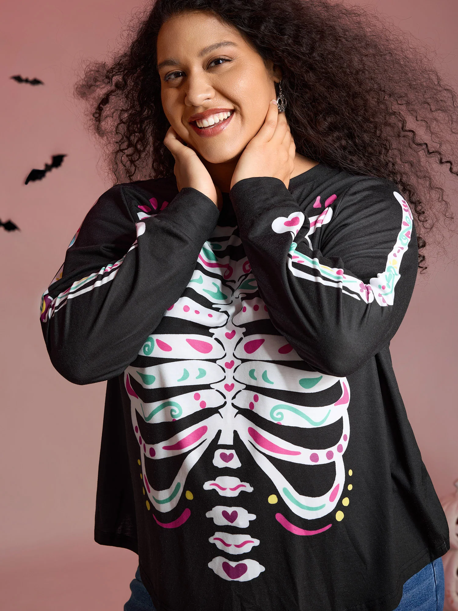 Party Skeleton Print Knit Halloween T-Shirt - Image 3