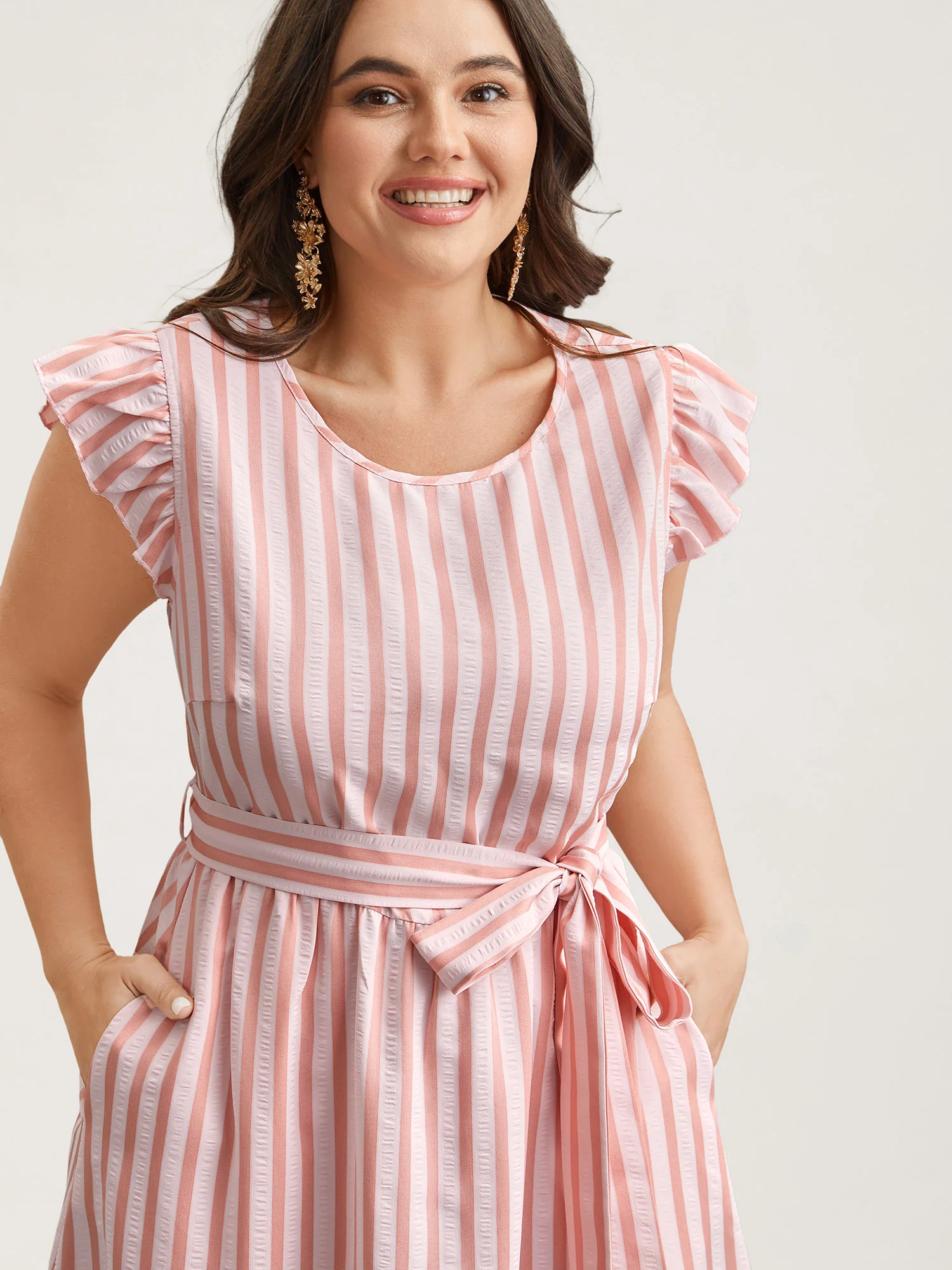 Pastel Stripes Belted Pockets Midi Dress - Image 2