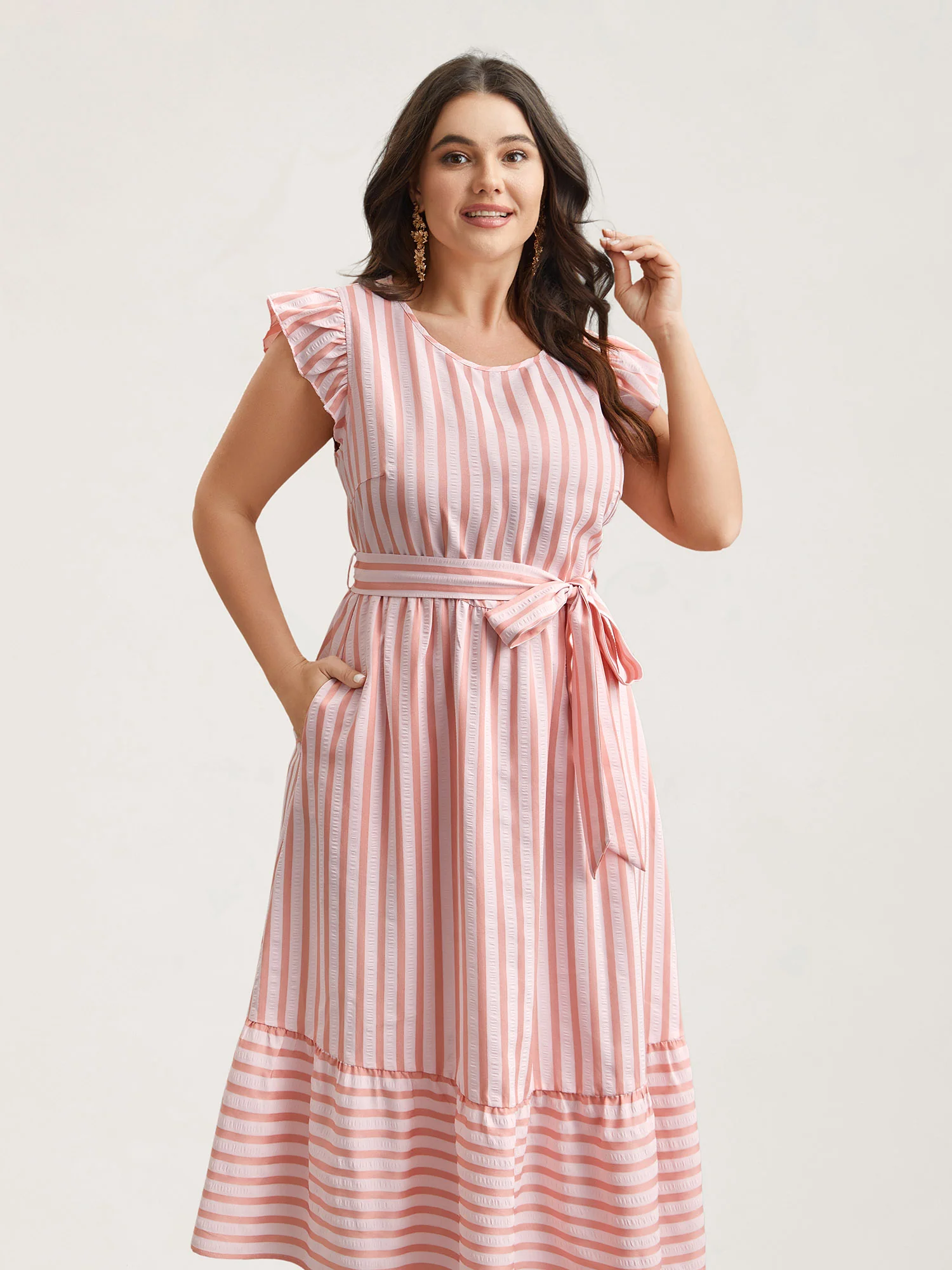Pastel Stripes Belted Pockets Midi Dress - Image 3