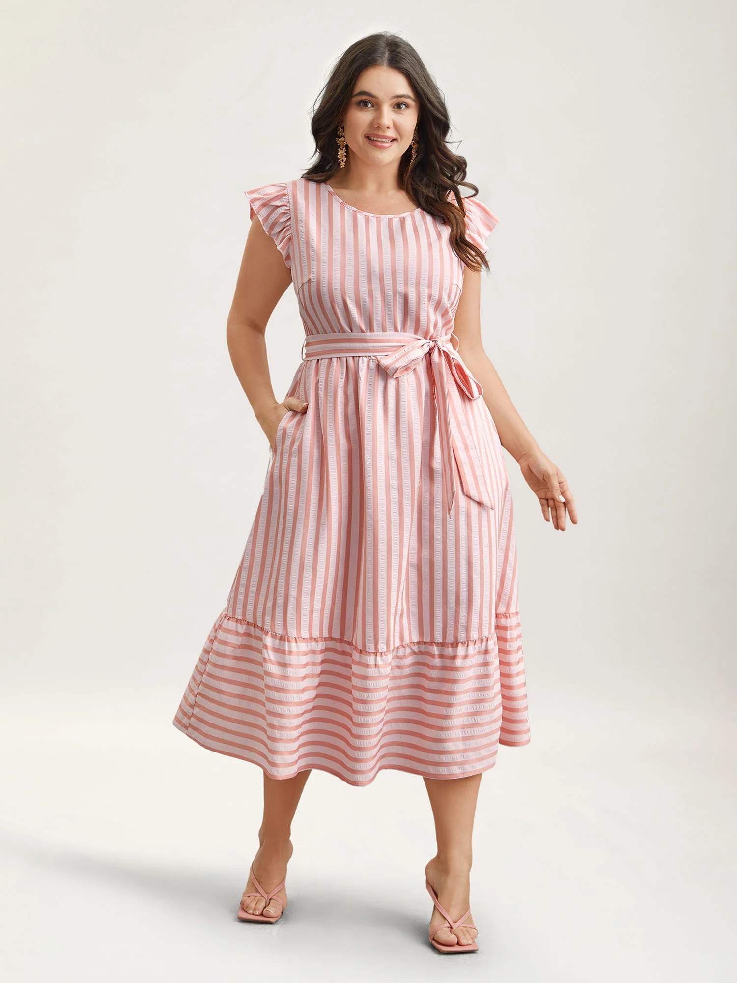 Pastel Stripes Belted Pockets Midi Dress - Image 4