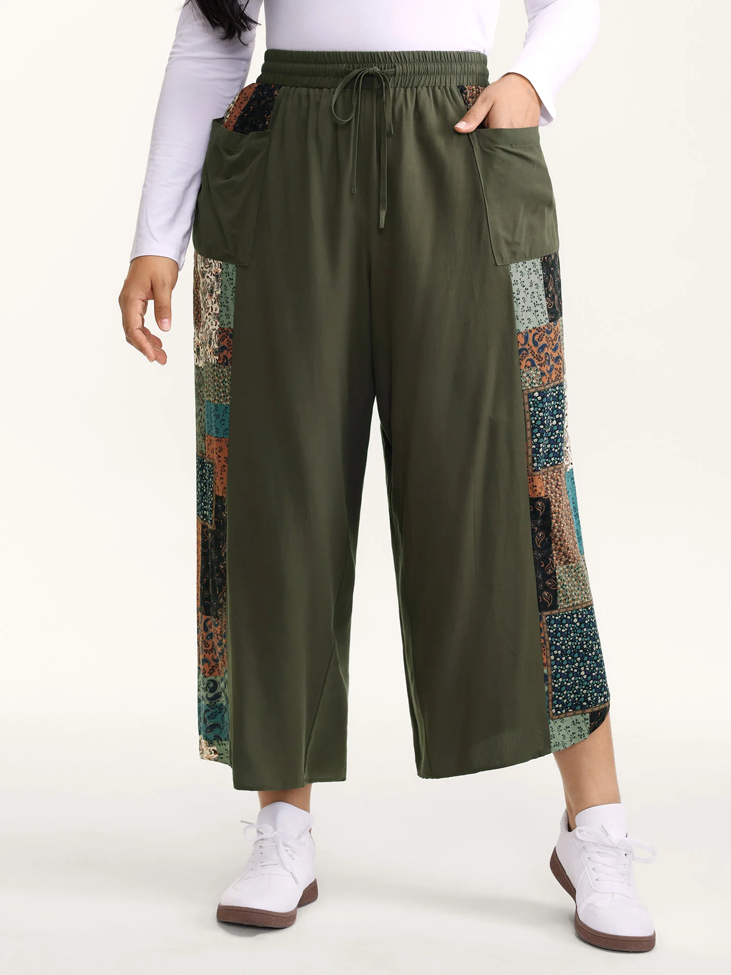 Patch Print Drawstring Wide-Leg Pants - Image 2