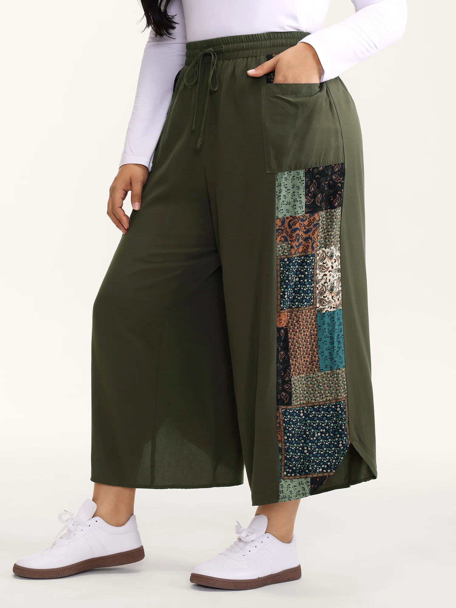 Patch Print Drawstring Wide-Leg Pants - Image 3