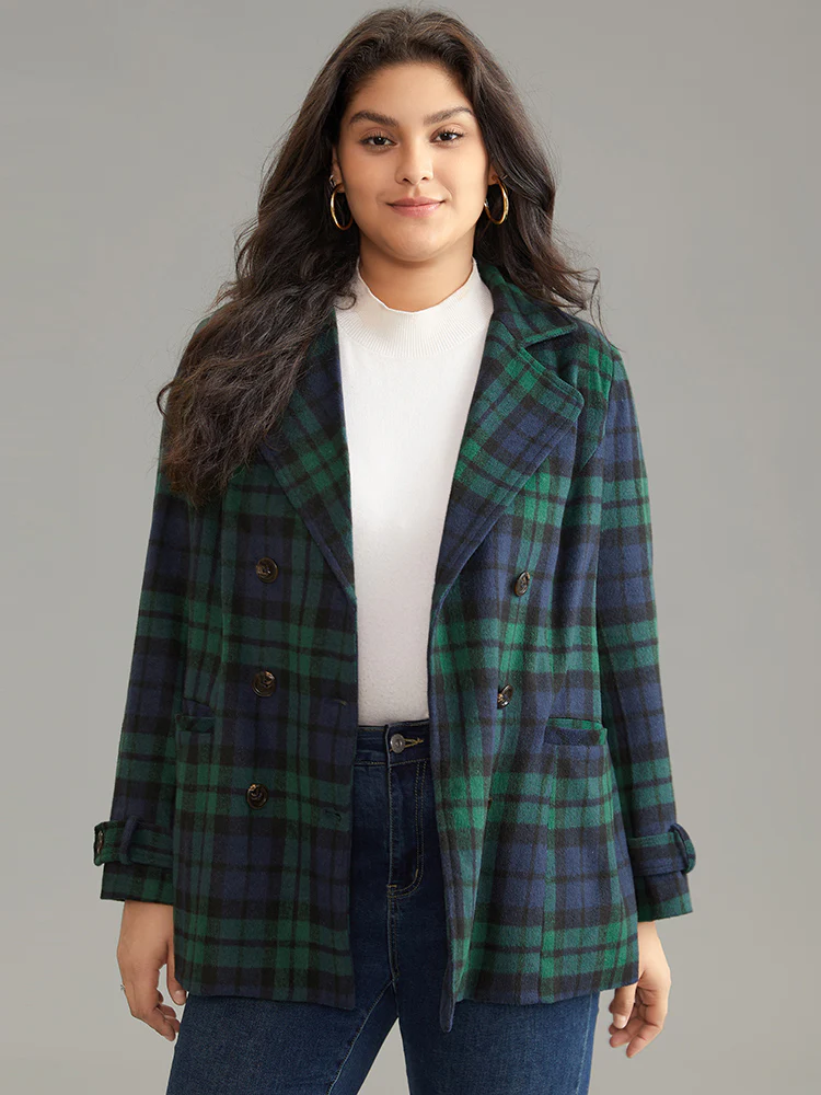 Patched Pocket Plaid Double Breasted Coat - Image 3