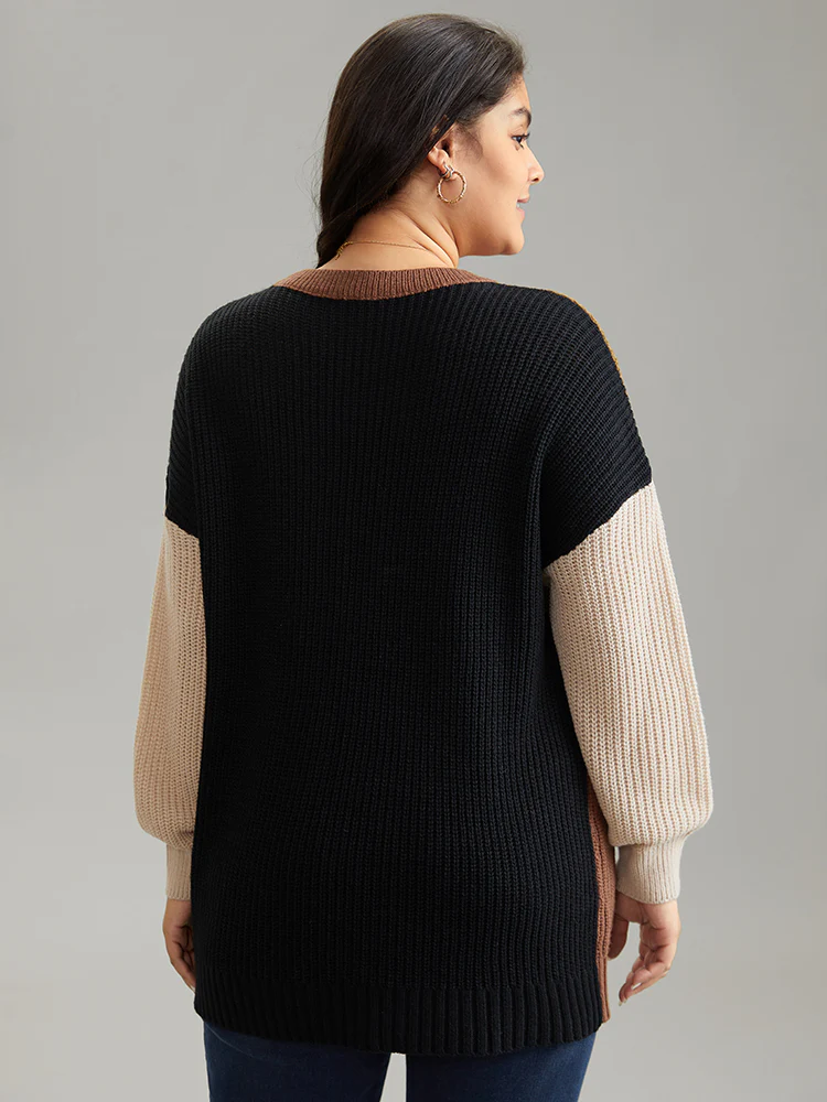 Patchwork Colorblock Contrast Drop Shoulder Pullover - Image 2