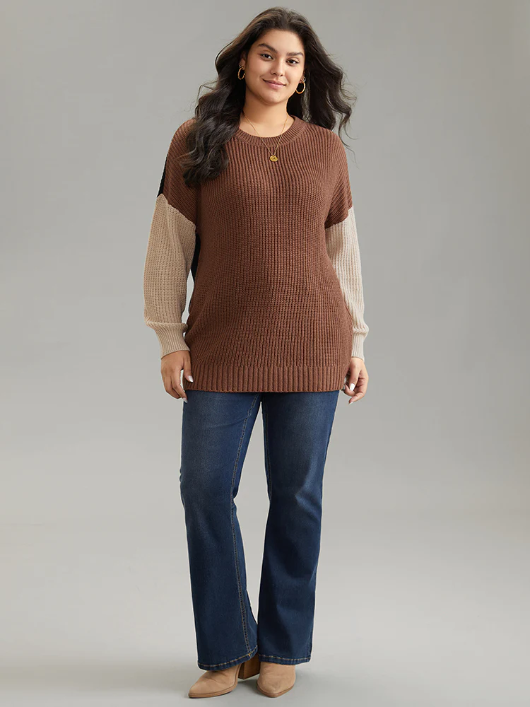 Patchwork Colorblock Contrast Drop Shoulder Pullover - Image 3
