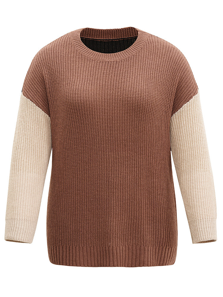 Patchwork Colorblock Contrast Drop Shoulder Pullover - Image 4