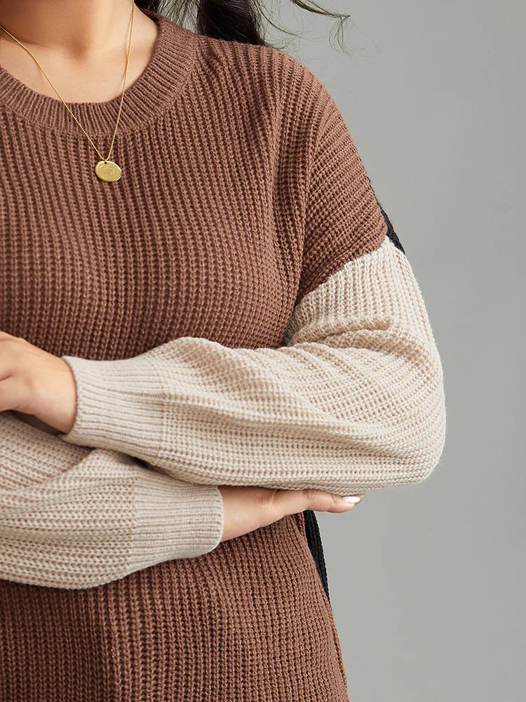 Patchwork Colorblock Contrast Drop Shoulder Pullover - Image 5