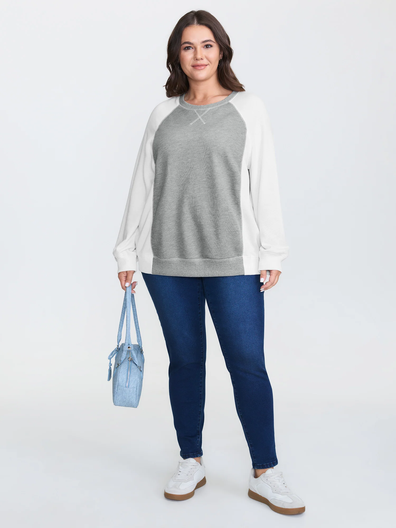 Patchwork Colorblock Round Neck Sweatshirt - Image 3