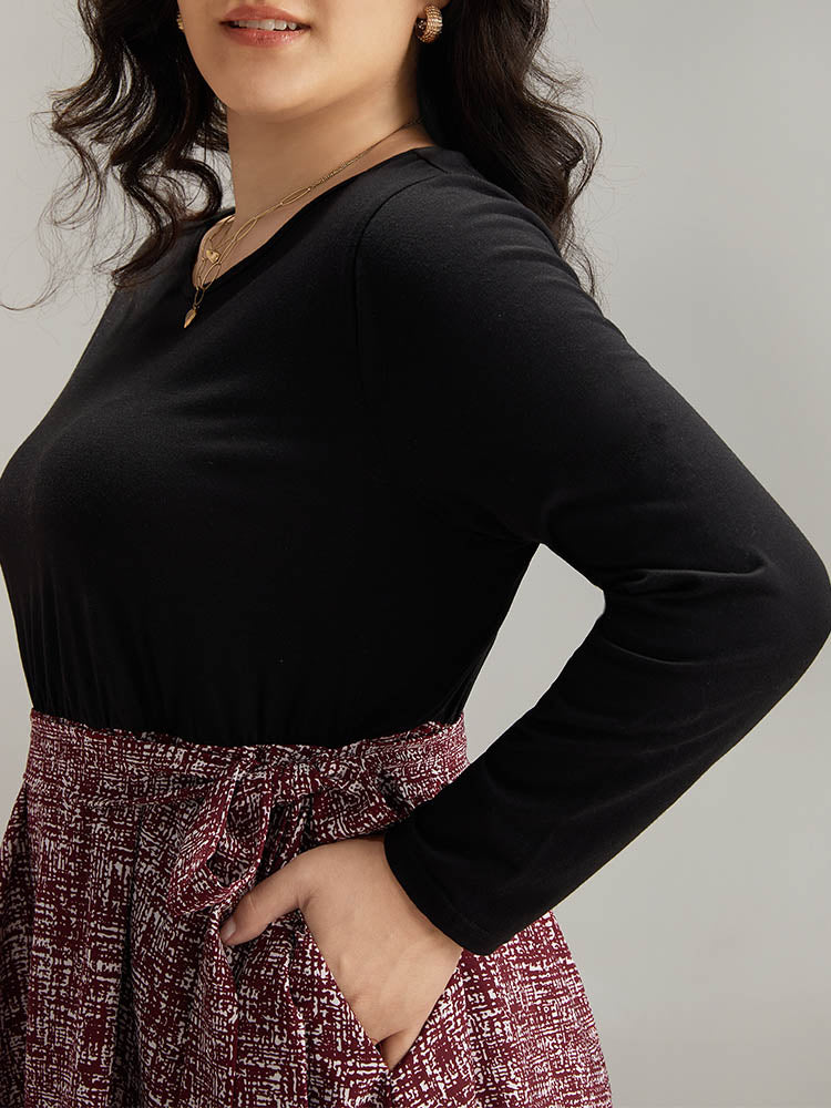 Patchwork Contrast Belted Crew Neck Dress - Image 5