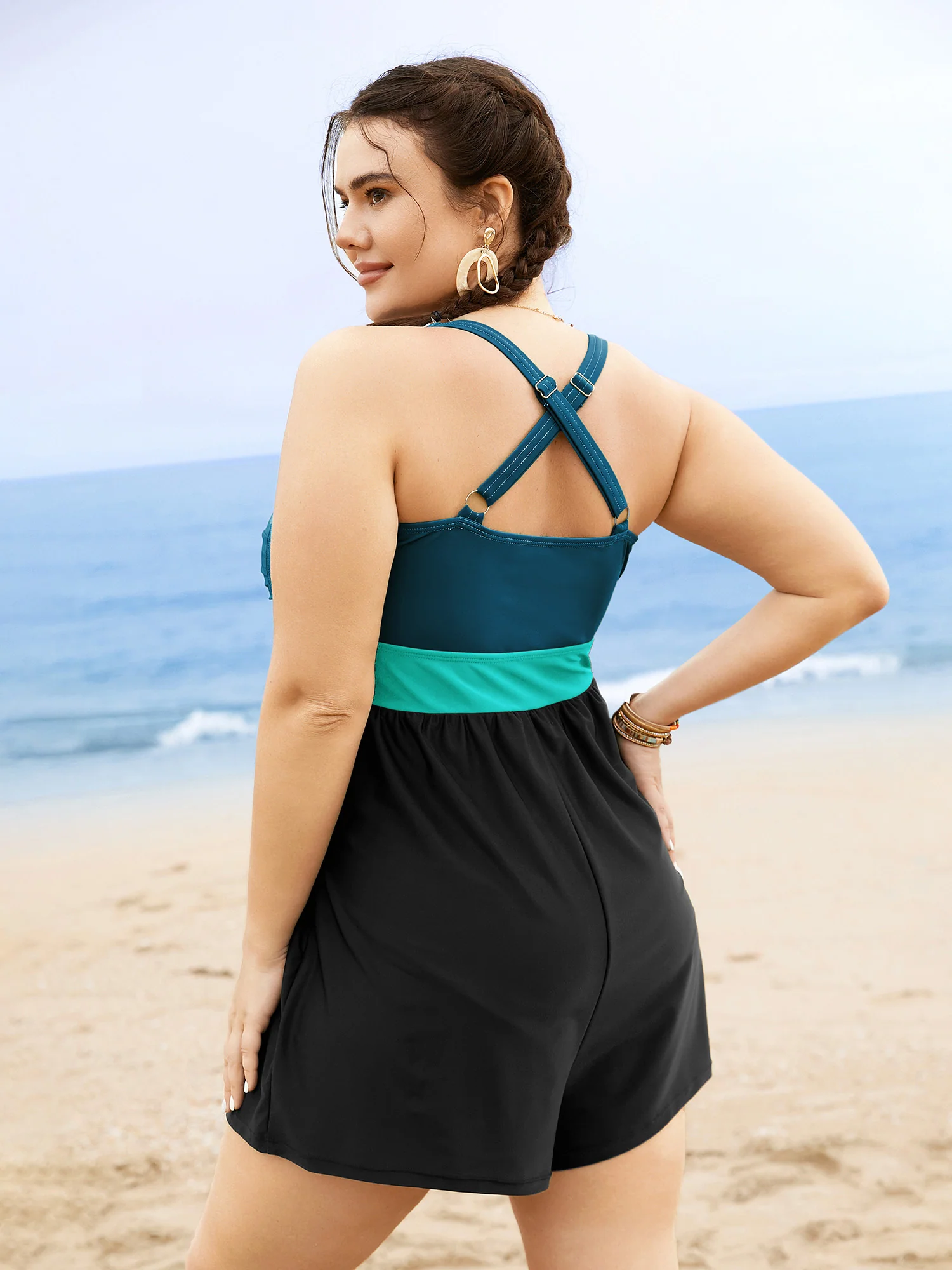 Patchwork Contrast Crossover One Piece Swimsuit - Image 22