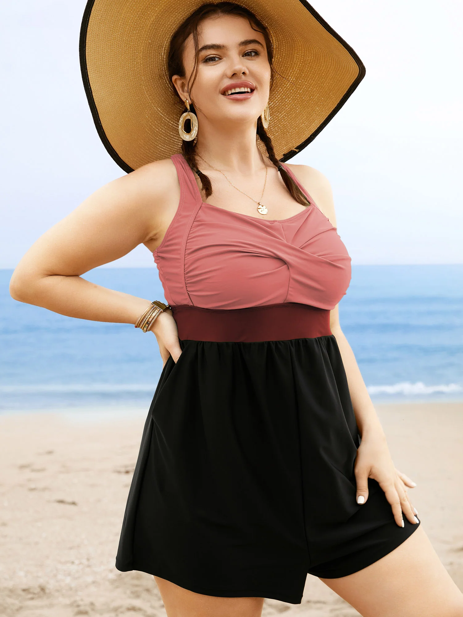 Patchwork Contrast Crossover One Piece Swimsuit - Image 36