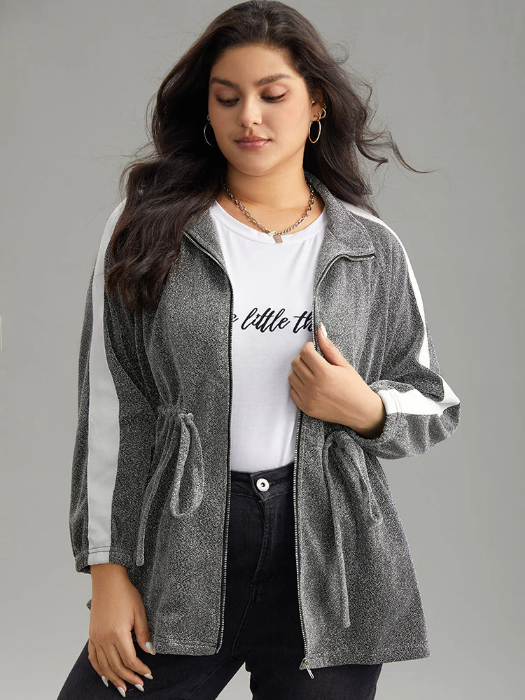Patchwork Contrast Trim Drawstring Zipper Jacket - Image 2