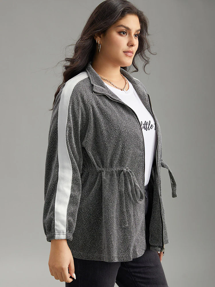 Patchwork Contrast Trim Drawstring Zipper Jacket - Image 3