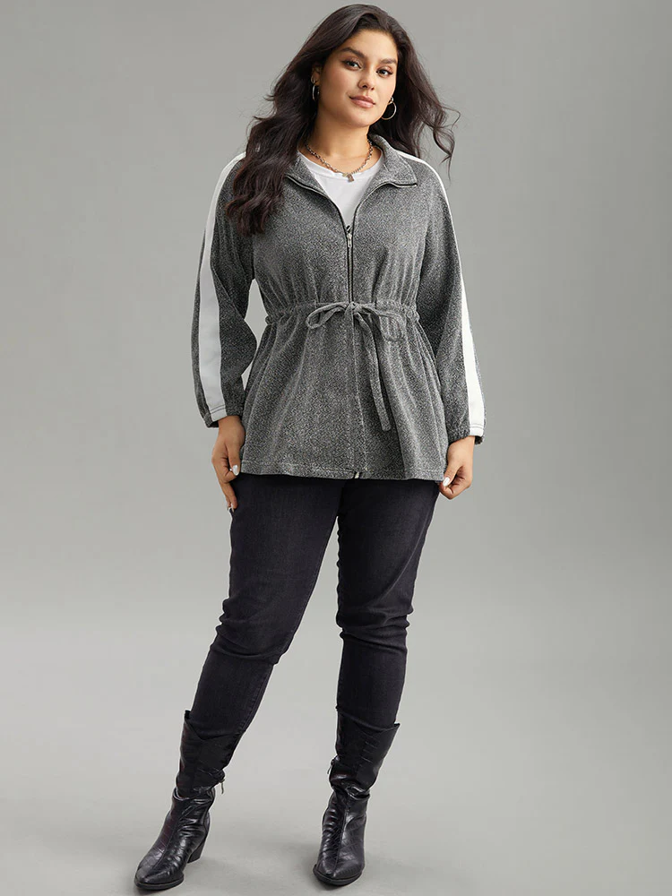 Patchwork Contrast Trim Drawstring Zipper Jacket - Image 4