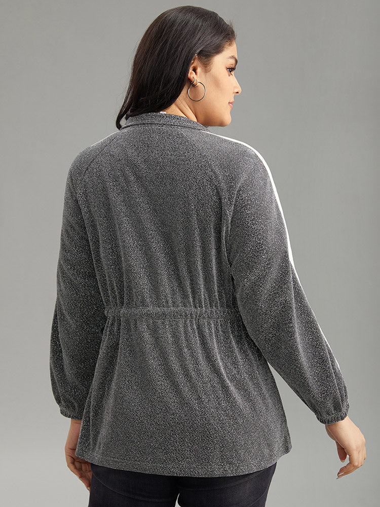 Patchwork Contrast Trim Drawstring Zipper Jacket - Image 5
