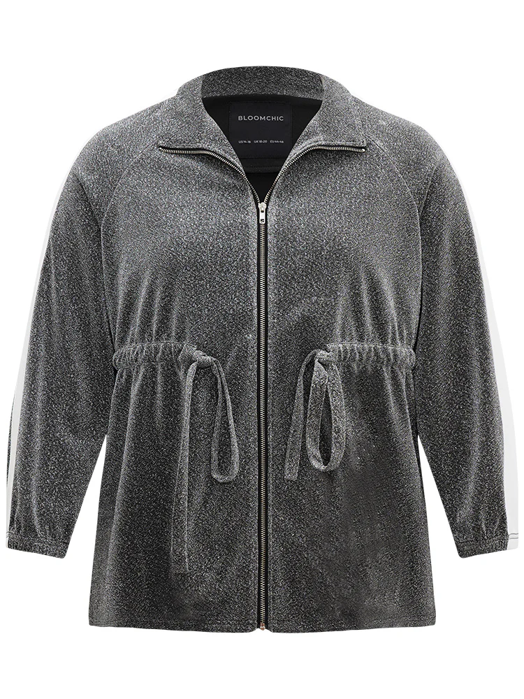 Patchwork Contrast Trim Drawstring Zipper Jacket - Image 9