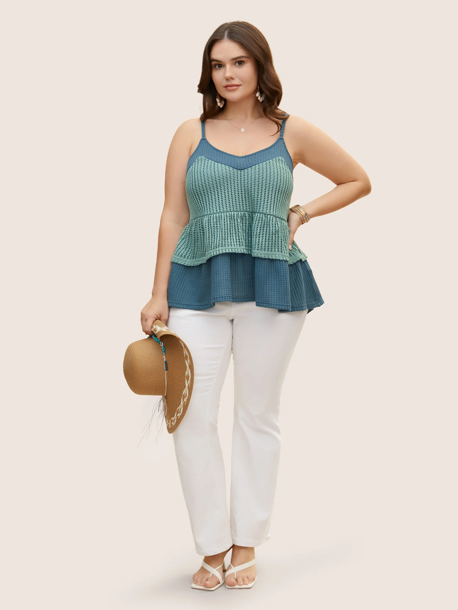 Patchwork Contrast Waffle Knit Cami Top - Image 2
