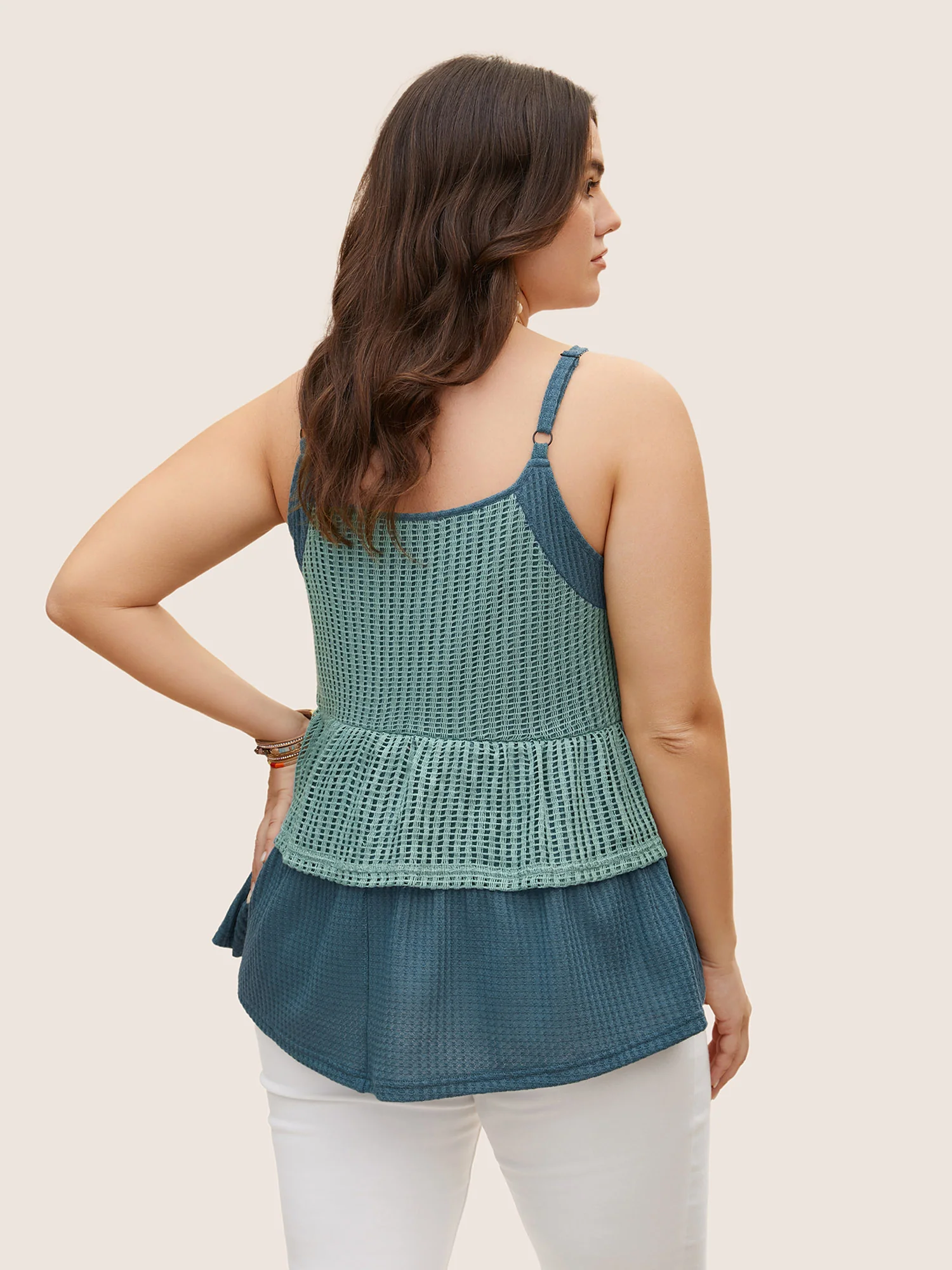Patchwork Contrast Waffle Knit Cami Top - Image 4