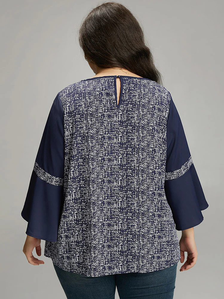Patchwork Crew Neck Ruffle Sleeve Blouse - Image 2
