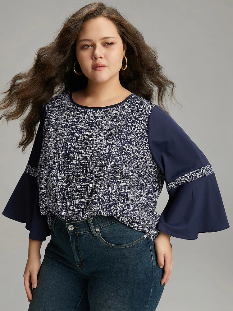 Patchwork Crew Neck Ruffle Sleeve Blouse - Image 3